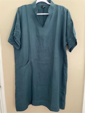 Lisa Bayne Linen Shift Dress Teal Green Notch V-Neck Pocket Lagenlook Sz M